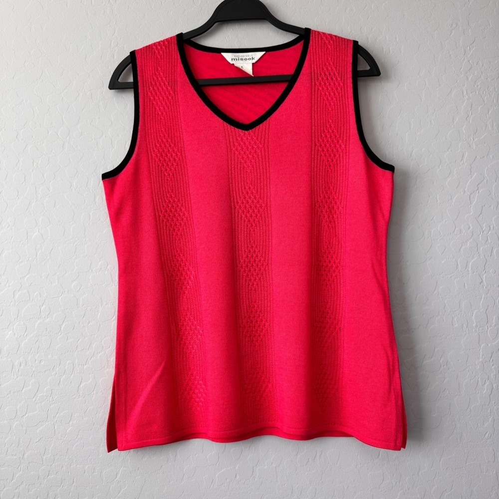 Misook Knit‎ Tank Top Sleeveless V-Neck Textured Knit Red Black Trim L